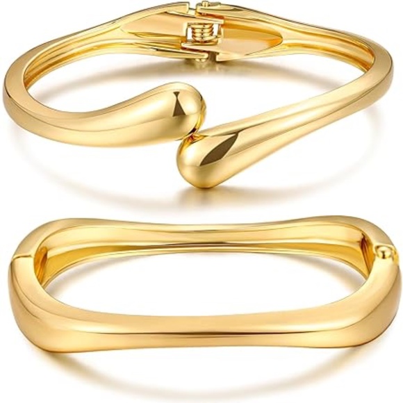 Chunky Gold Bangle Bracelets for Women, Dainty 14k Gold Plated Big Stackable Ban - Picture 1 of 6